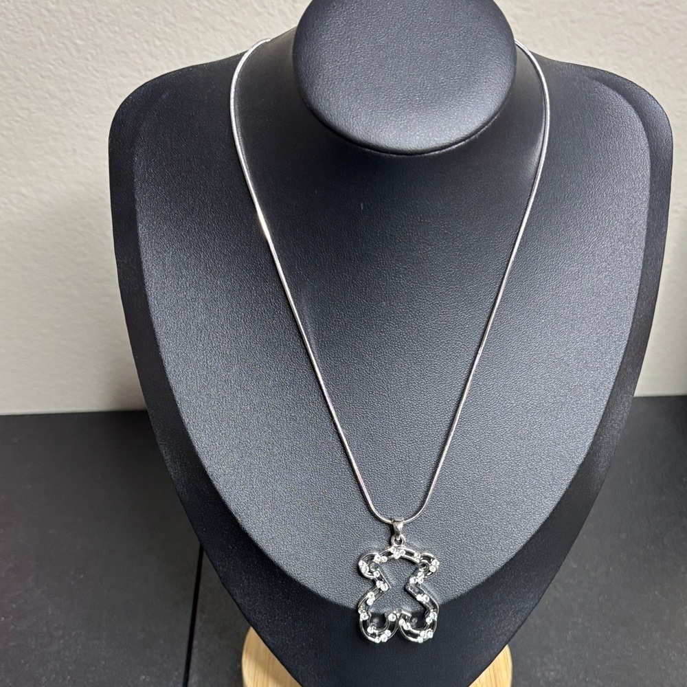 Rhinestone Teddy Bear Solver Tone Necklace